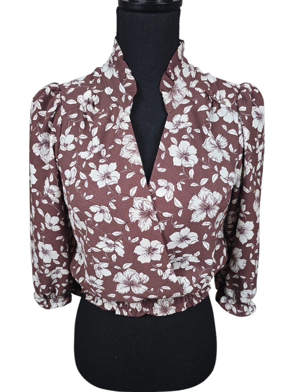 Monteau Brown Floral V-Neck Puff Sleeve Crop Top